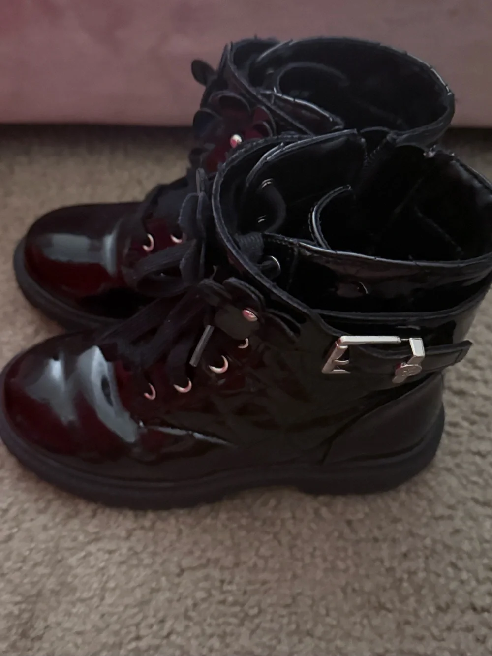 Kids Black Patent Lace-Up Boots with Flower Accent